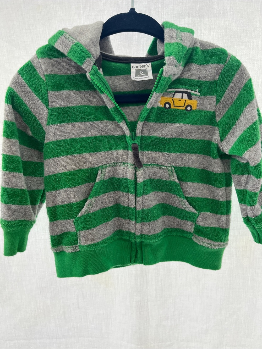 Carter's Green & Gray Striped Hooded Zip-Up with Yellow Car Patch
